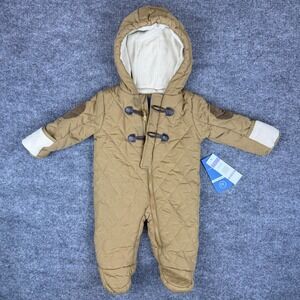 NWT Perry Ellis Boy Quilted Toggle Hooded Snowsuit Jumpsuit Tan 3/6 Months